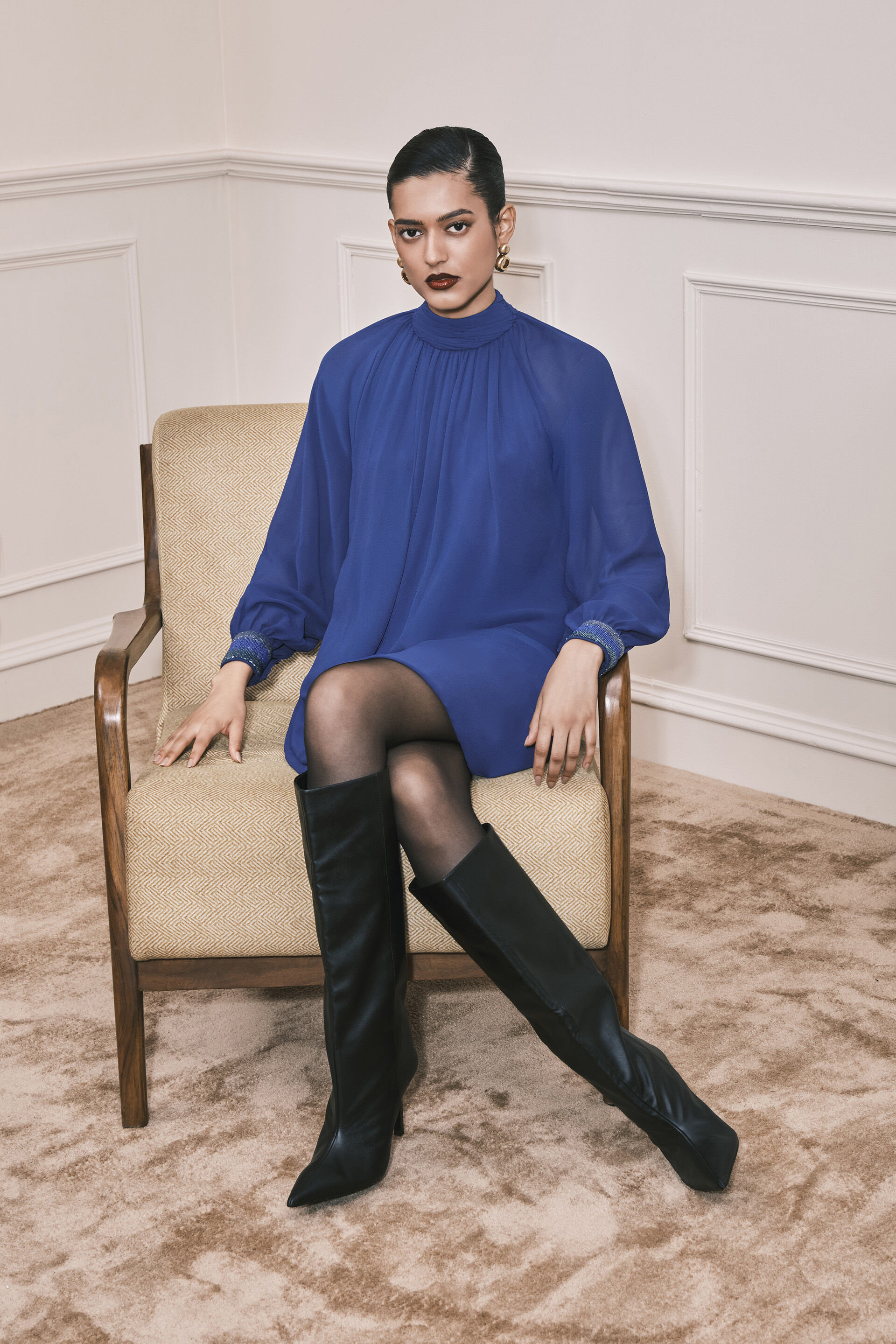 Candelabra Shimmer Georgette Dress, Blue, image 2